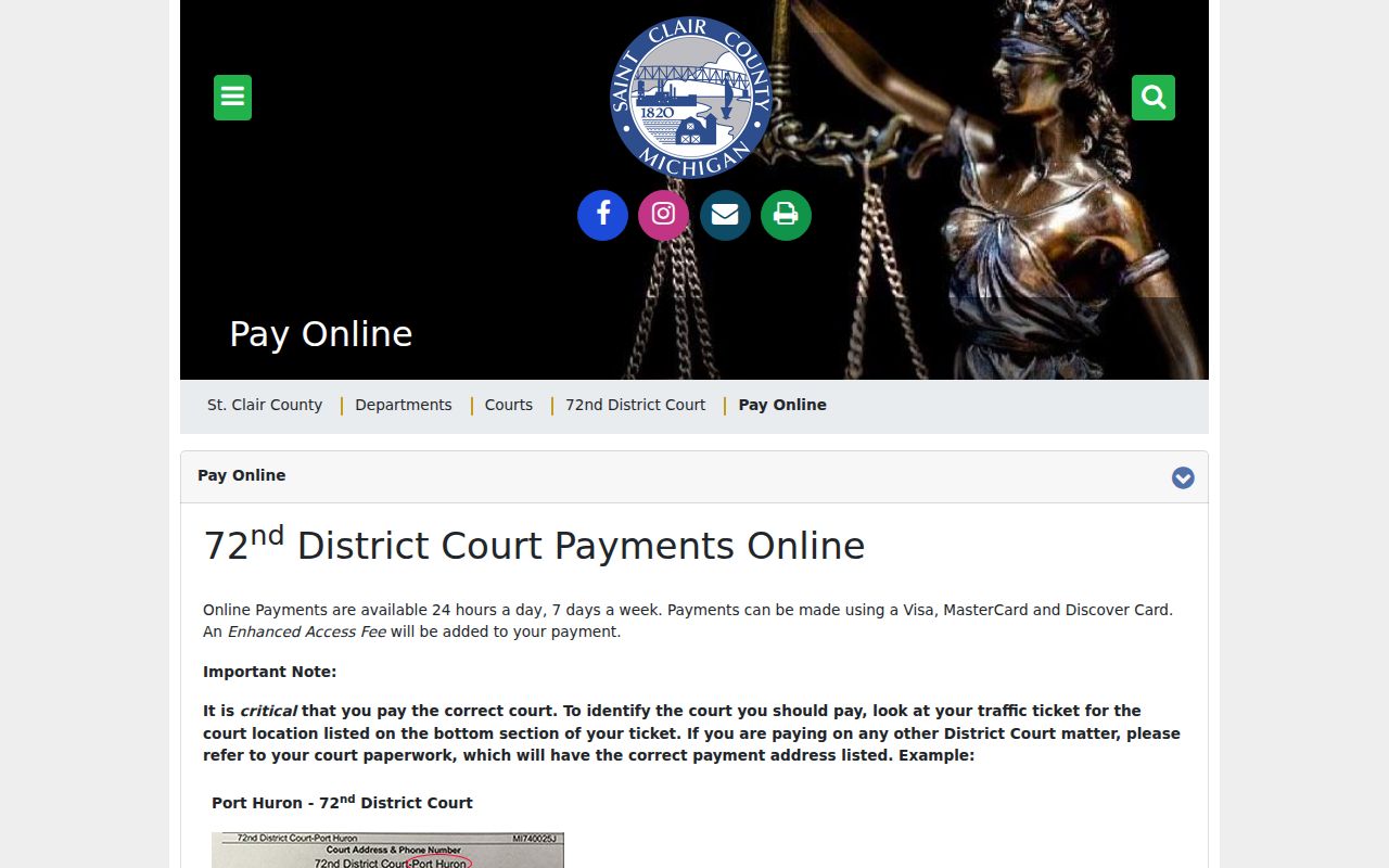 St. Clair County district court card payment page with correct court warning