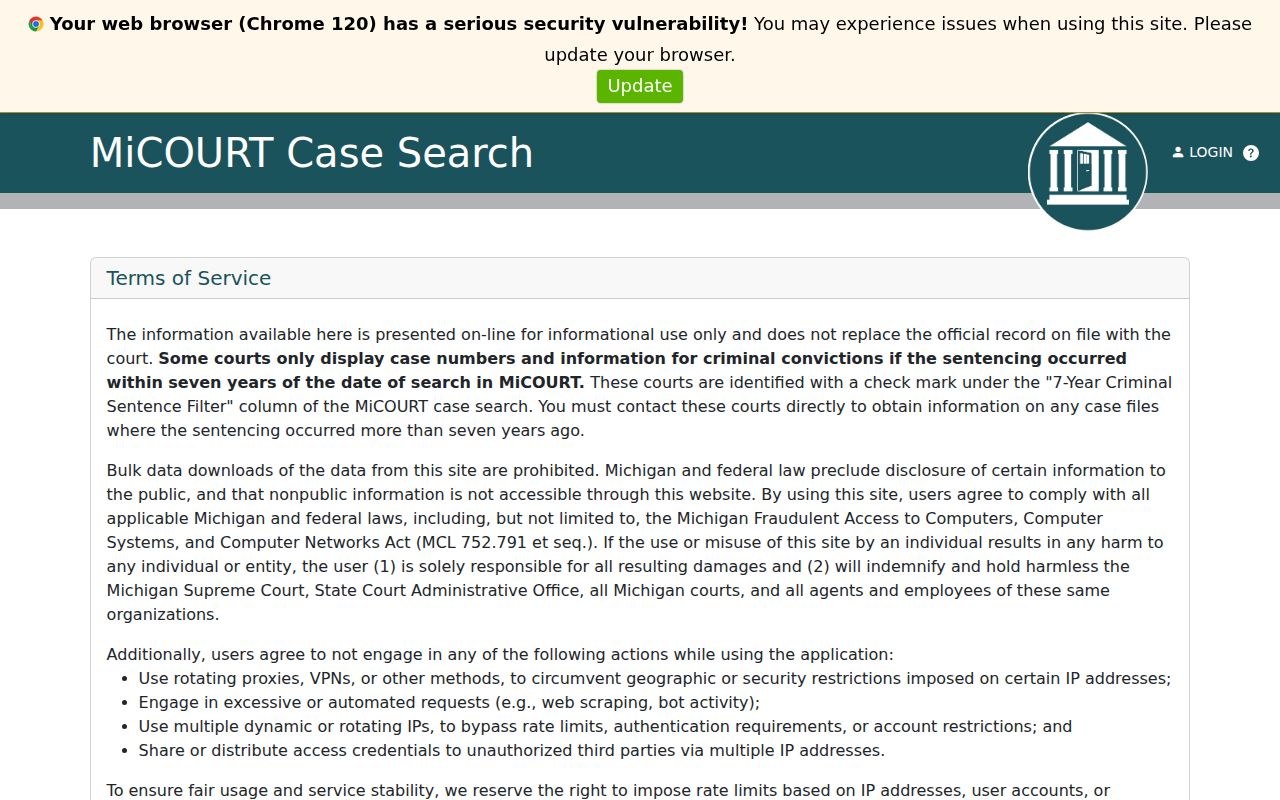 72nd District Court case search selection screen for St. Clair County warrant lookups