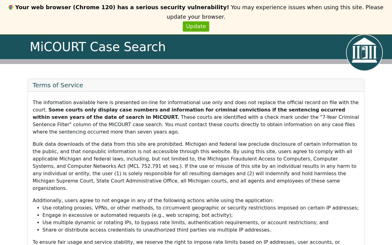 Michigan courts public case search landing page used for St. Clair County warrant leads
