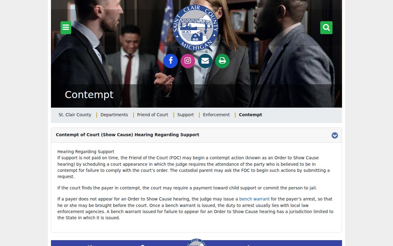 St. Clair County Friend of Court contempt page showing the show cause to bench warrant path