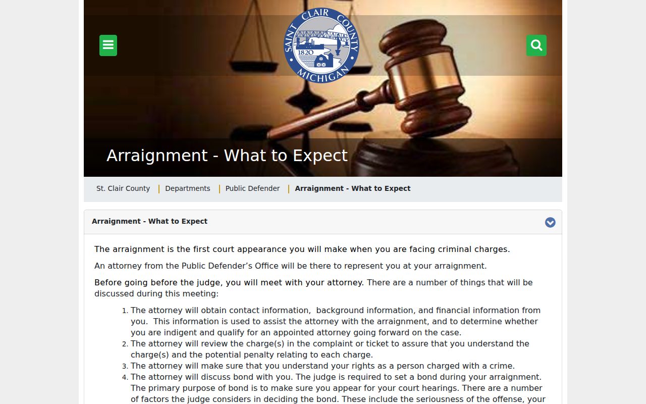 Public defender page explaining arraignment and bond after a St. Clair County bench warrant