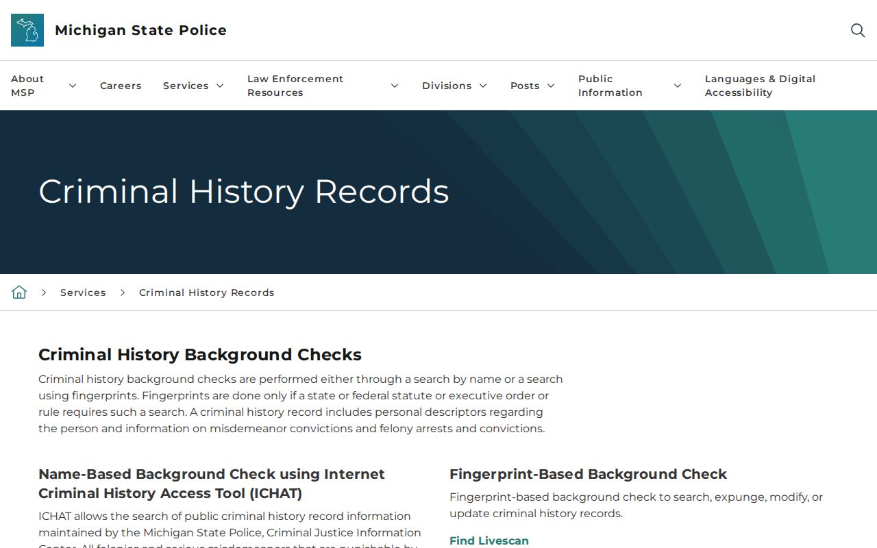 Michigan criminal history page showing warrant information is excluded from state searches