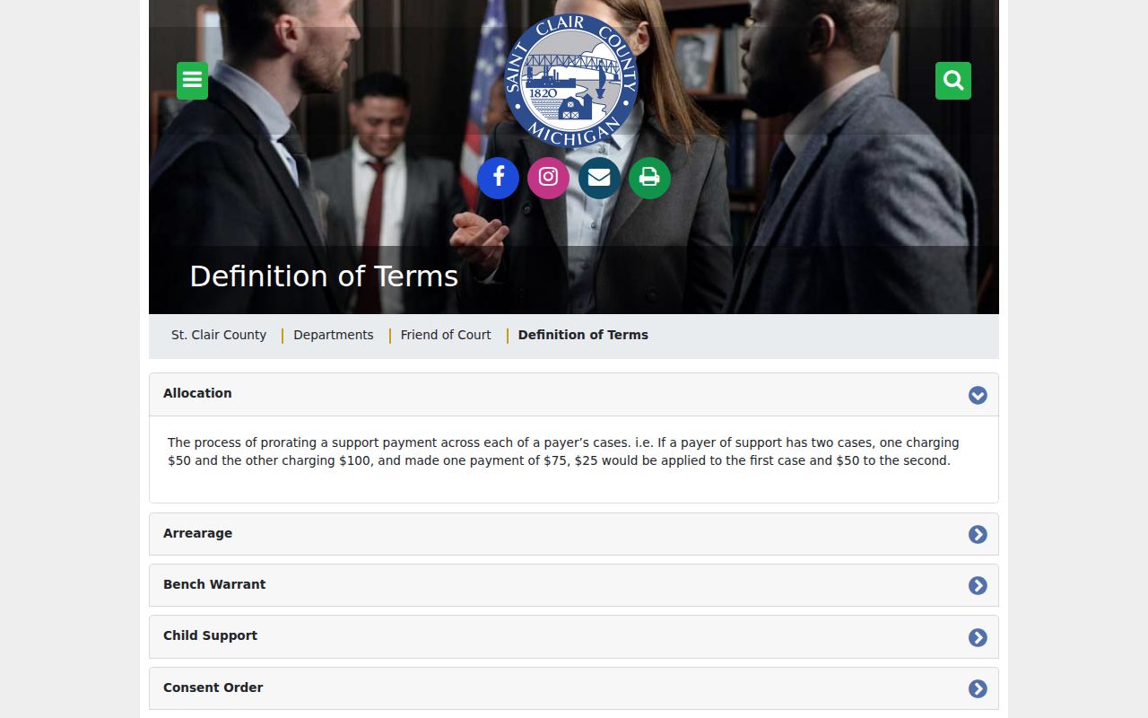 St. Clair County Friend of Court definition page explaining bench warrants