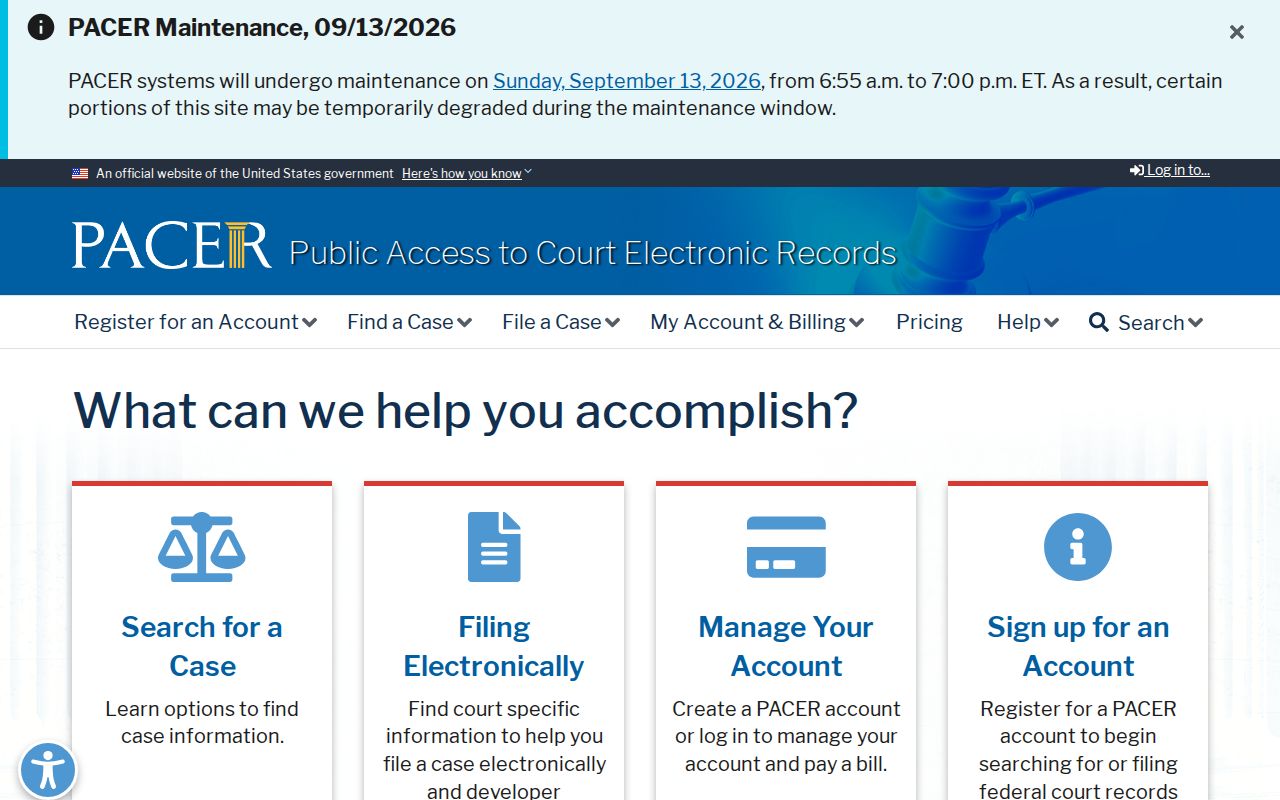 Federal court docket access page that is not a St. Clair County warrant roster